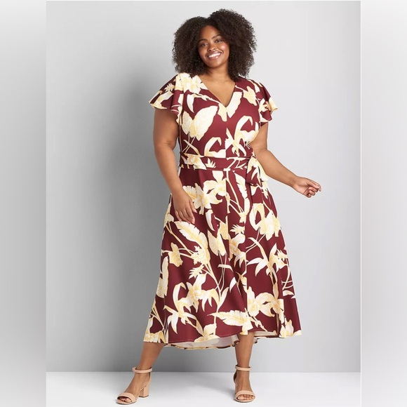 Lane Bryant Dresses & Skirts - Lane Bryant Short Sleeve High-Low Lena Midi Dress Size 20 Maroon & Yellow Floral